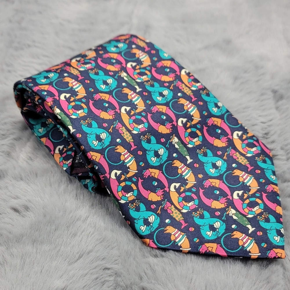 Vintage Christian Dior Tie Mens Multicolor Fun Dolphin Novelty Silk Necktie‎ USA